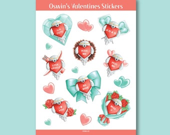 Oswin's Valentines Day Sticker Sheet 5 x 7 | Clear Vinyl | Kiss Cut | Matte Lamination | decorations