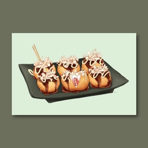 Takoyaki 5 x 7 Postcard | Cute Asian Food Art | Illustrated Japanese Food Postcard | Food Prints | Owl Art Print | Wall Decor