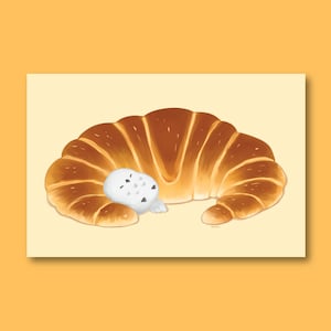 postale 5 x 7 croissants | Art culinaire mignon | postale illustrée de cuisine française | Impressions culinaires | Impression d'art hibou | Décoration murale