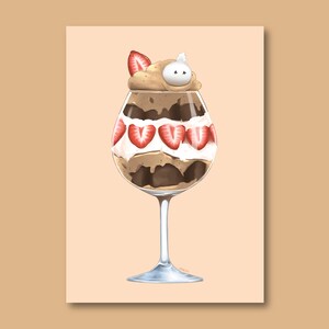 Carte postale 5 x 7 Bagatelle brownie aux fraises | Art culinaire mignon | postale illustrée de nourriture | Impressions culinaires | Impression d'art hibou | Décoration murale