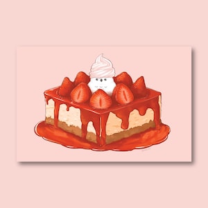 postale 5 x 7 de gâteau au fromage aux fraises | Art culinaire mignon | postale de nourriture de dessert | Impression d'art hibou | Décoration murale