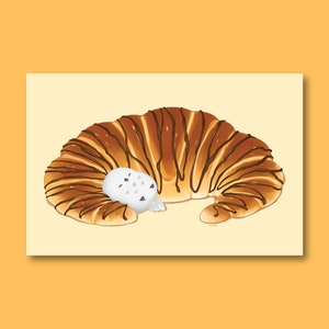 postale 5 x 7 croissants au chocolat | Art culinaire mignon | postale illustrée de cuisine française | Impression d'art hibou | Décoration murale