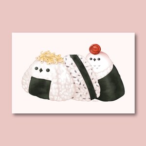 Onigiri 5 x 7 Cartão Postal | Arte de comida fofa japonesa | comida ilustrada cartão postal | Impressões de comida asiática | Impressão de arte de coruja | Decoração de parede