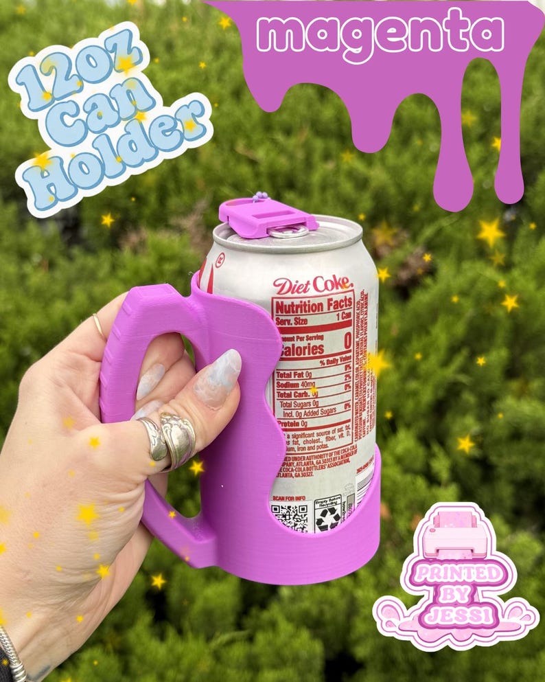 May include: A magenta 12oz can holder with a handle, designed to fit a standard beverage can. The holder features a top tab and a side handle for gripping. Text on the image includes 12oz Can Holder, magenta, and Printed By Jessi.