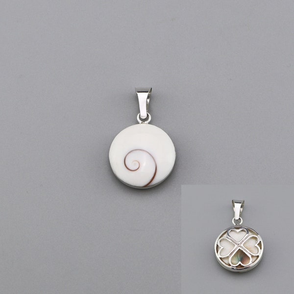 Round Design White Double Sided Clover Design Pendant, Silver Real Stone Pendant, Shiva Eye Jewelry, Silver Circle Shape Shiva Eye Pendant