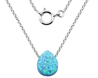 Sterling Silver Teardrop Blue Opal Pendant Necklace, Gemstone Necklace, Opal Jewelry, Silver Jewelry, Dainty Opal Necklace, Opal Necklace