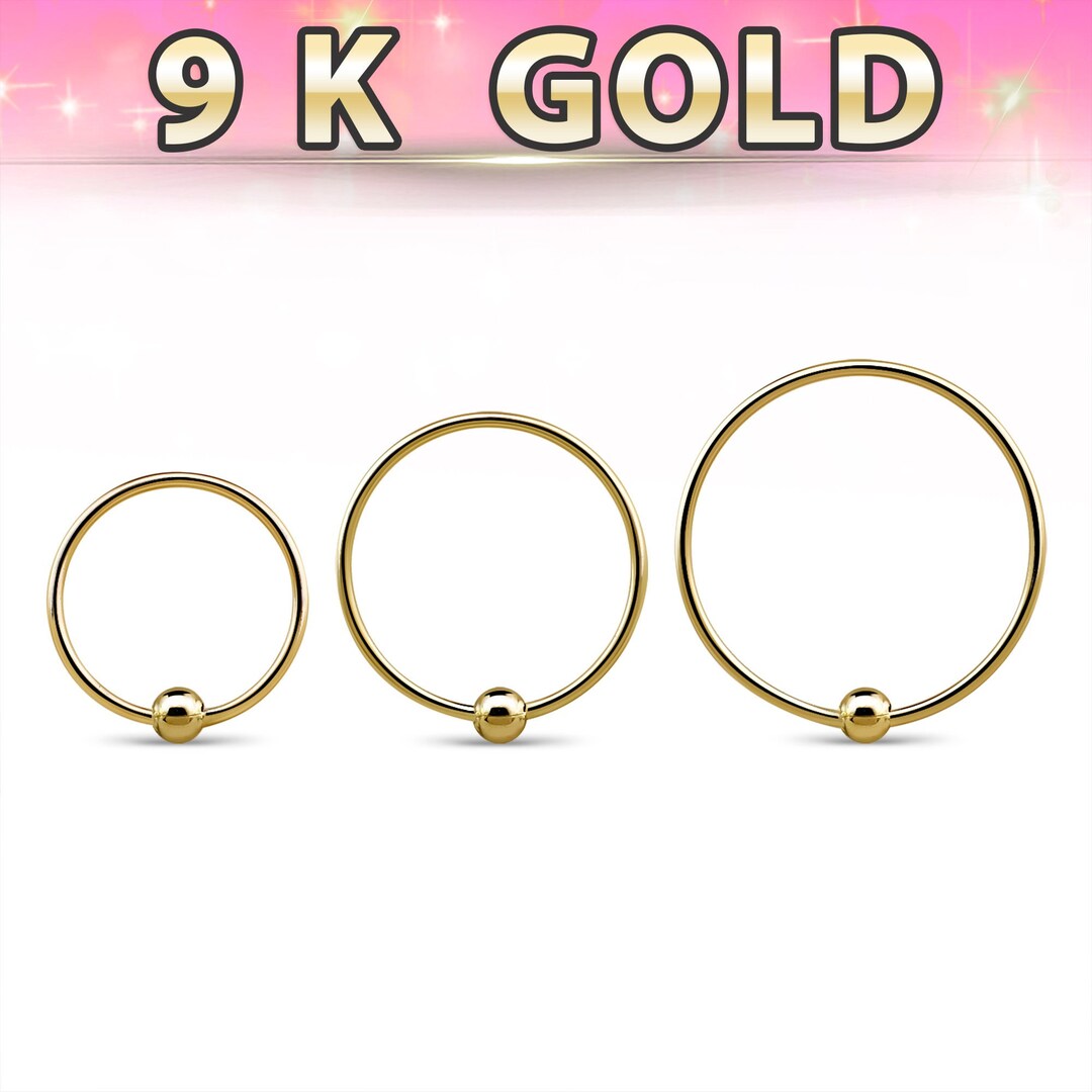 9K Gold Nose Hoop 18g, 8mm, 10mm, 12mm Ball Nose Stud, 9k Real Gold