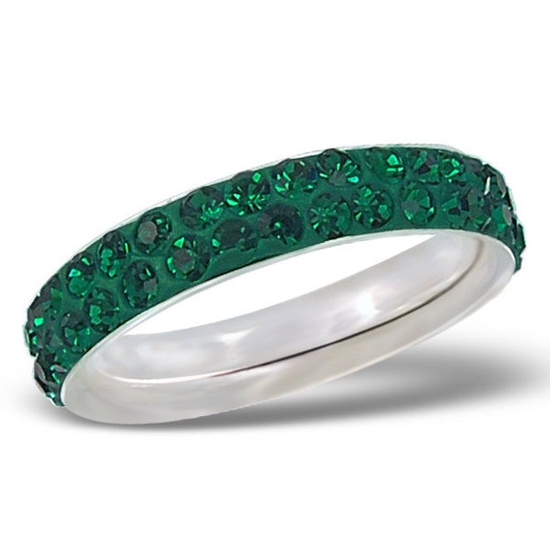 925 Sterling Silver Double Line Crystal pave Silver band Ring Glittering Emerald Crystal Ring
