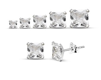 Square CZ Ear Stud, Dainty Ear Studs, Silver Ear Jewelry , Small Tiny CZ Earring ,  Silver Cubic Zirconia Studs