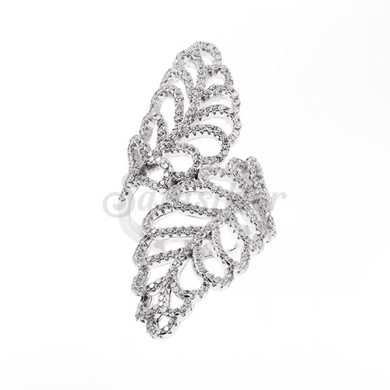 925 Sterling Silver Rodium Plated Amazing Locust Leaf women/'s ring with Cubic zerconia