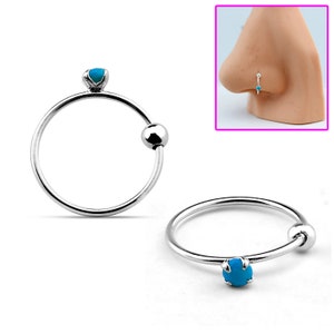 Turquoise Nose Hoops , Helix Hoops, Cartilage Earring, Tiny Turquoise Stone Nose Hoops , Silver Nose Ring ,Turquoise Tiny 2mm Nose Bone