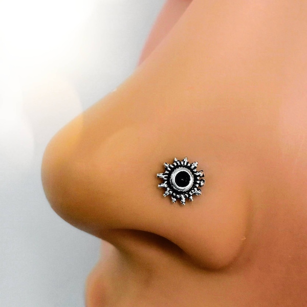 Silver Oxidized Nose Stud, Oxidized Sterling Silver Nose Stud-Nose Bones, Nose Pin, Silver Nose Pin, Silver Oxidized Nose Pin, Sun Nose Stud