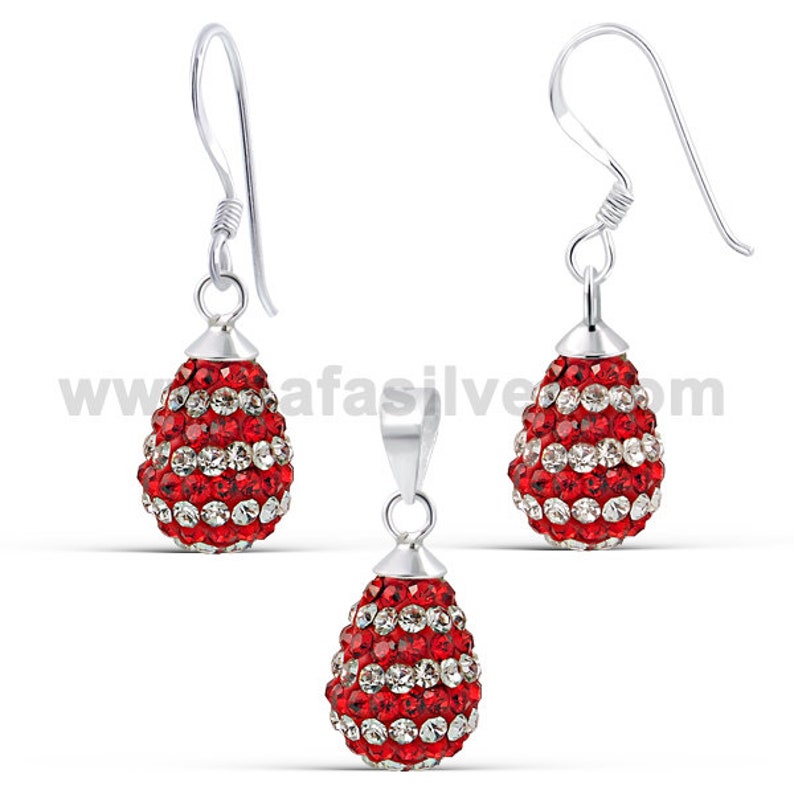 925 Sterling Silver Tear Drop Earring Pendant Jewel Set Glittering High Quality Red White Crystal Jewel Set