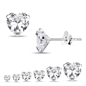 Heart Clear CZ Stud Earrings, Heart CZ Silver Stud Earrings, Clear CZ Crystal Heart 925 Sterling Silver Stud Earrings 3mm To 8mm available