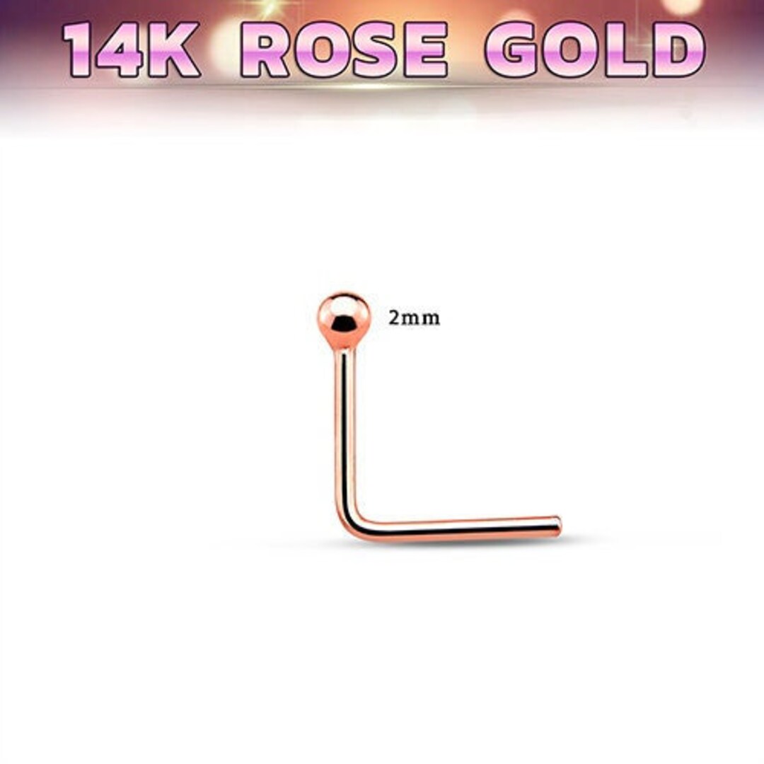 14k Solid Rose Gold 2mm L Shape Rose Gold Ball Nose Piercing, 14ct Rose