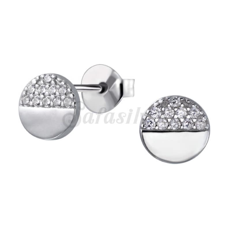 Rhodium Plated Silver Round Ear Studs 92.5 Sterling Silver Round with half CZ Ear studs