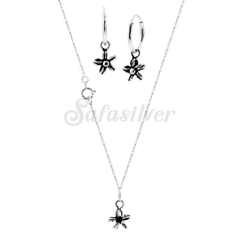 Hand Made flower Design Oxidized Earring Hoops and Flower Charm Silver Necklace Set