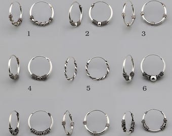Filigrane Seil verdrehte Silber Bali Hoop Ohrring, kleine Hoop Ohrring, 14 mm oxidierte Creolen, Balinesischer Schmuck, Boho Ohrringe