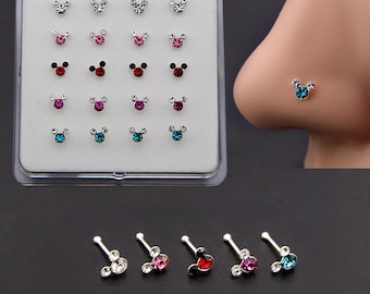 Mickey Mouse Silver Crystal Nose Stud, Nose Piercing, Body Jewelry, Crystal Nose Pin, Minimalist Nose Stud, Multicolor Crystal Nose Stud