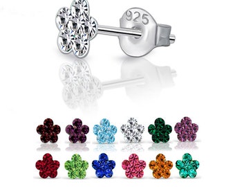 925 Sterling Silber 4 mm kleine Blumen Ohrstecker, Birthstone Ohrringe, Kristall Ohrstecker, Silber Ohrstecker, Blumen Design Ohrstecker