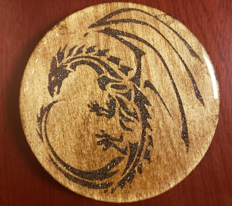 Handmade of Wood with a Resin Coated Top and Cork Bottom ~CUSTOMIZABLE~ Chromatic Dragon Coasters