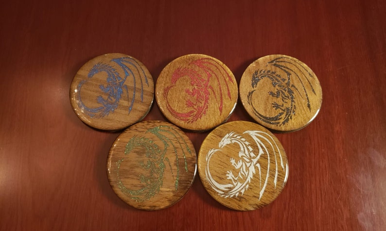 Handmade of Wood with a Resin Coated Top and Cork Bottom ~CUSTOMIZABLE~ Chromatic Dragon Coasters