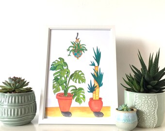 House Plants Print, A4 Art Print, Botanical Art, Botanical Print, Plants Wall Art, Home Decor, Modern Painting, Watercolour Art Print