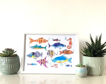 Fish Print, A4 Art Print, Tropical Fish Poster, Fish Wall Art, Nursery Print, Watercolour Art Print, Wall Hanging, Home Décor, Gift for kids