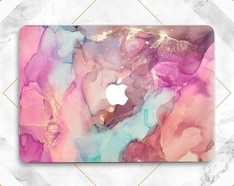 Funda estética para Macbook con acuarela, sencilla, rosa, verde azulado, naranja, estilo mármol, funda de plástico minimalista para Macbook, femenina, Air 13, Air 15, Pro 14, Pro 16, 13.