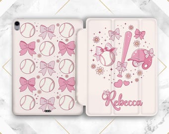 Girly baseball art iPad pink cover Custom name print iPad case sport Cute girly gift Personalized Bows pink art Mini 7 iPad 11 Air 13 Pro 13