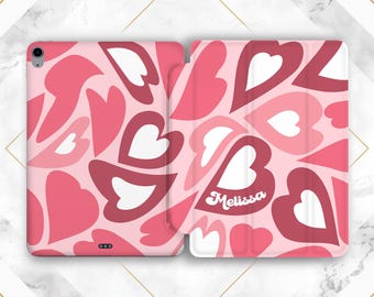 Retro pink hearts iPad case name Personalized case iPad case custom White Pink iPad smart case Girly for her Woman Mini 7 Air 13 iPad 11