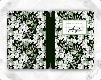 Custodia per iPad con fiori bianchi estetici, nome personalizzato, arte botanica carina, stampa su quaderno, colore verde chiaro, Mini 7, Air, 13, Pro, 11, 13