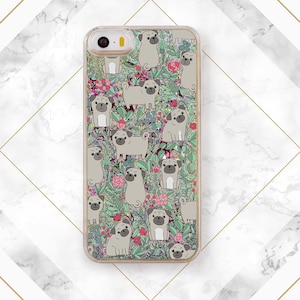 May include: A clear phone case with a floral pattern featuring pugs. The pugs are illustrated in a cartoon style and are surrounded by flowers and leaves in shades of pink, green, and blue.