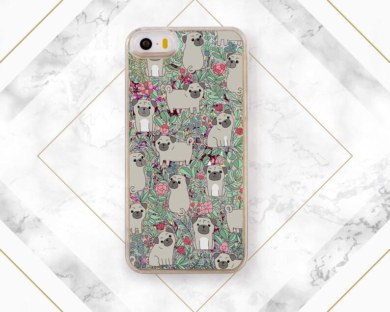 May include: A clear phone case with a floral pattern featuring pugs. The pugs are illustrated in a cartoon style and are surrounded by flowers and leaves in shades of pink, green, and blue.