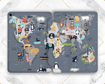 Funny world map iPad case kids iPad case animals Ocean Lands print iPad case travel Nature print case Air 13 11 Pro 13 11 2025 Mini 7 10 2