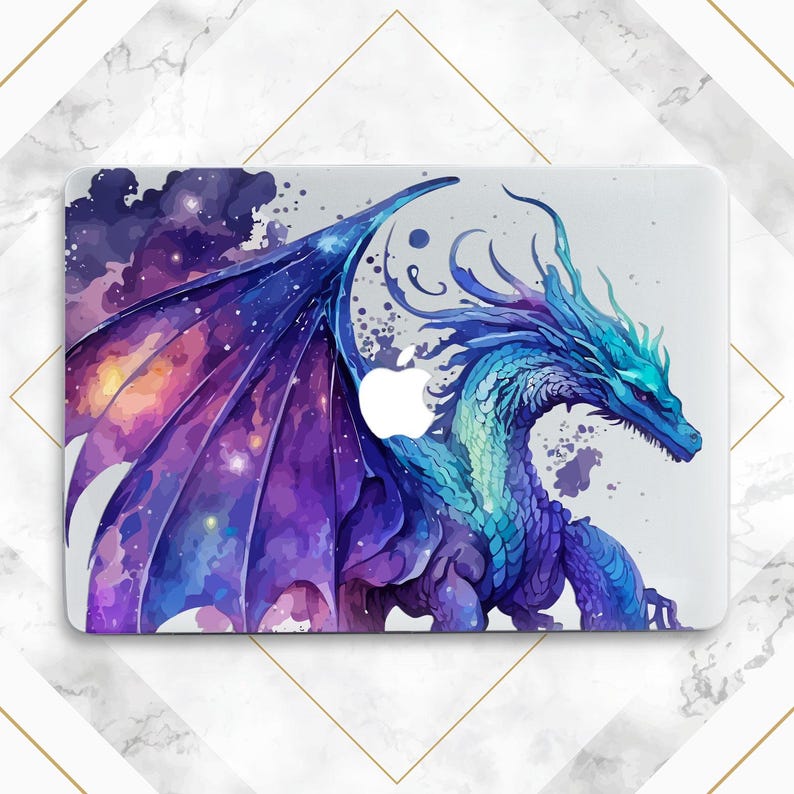 May include: A laptop skin with a watercolor design of a blue and purple dragon with wings spread against a galaxy background.