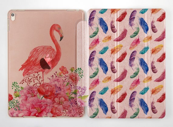 IPad case with birds Pink flamingo Rainbow feathers Golden | Etsy