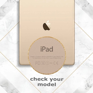May include: A gold iPad with a white Apple logo and the text "iPad" on the back. The text "Designed in California Assembled in China Model A1474 FCC ID: QN8-A1474 IC: 579C-A1474" is also visible on the back of the device.