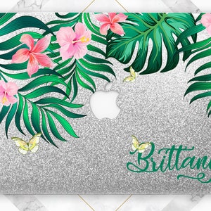 Tropical leaves case Macbook case summer Case with name Monogram Initials Case with glitter Macbook Pro 16 Rose gold case Air 13 M1 case