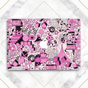 May include: Pink laptop case with a whimsical design featuring flowers, mushrooms, and geometric shapes. The case has the text "Time is over", "Reality", "Endless", and "This trip will never end". The case has a cutout for the Apple logo.