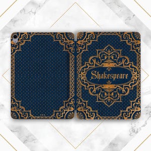 Couverture imprimée vintage du livre William Shakespeare, imprimé livre de poésie, étui pour iPad imprimé bleu, étui esthétique, étui intelligent pour iPad, étui d'art ornemental homme
