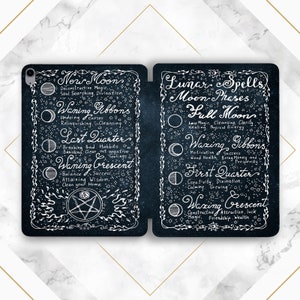 Peut inclure: Une illustration en noir et blanc d'un guide des phases lunaires avec le texte "Lunar Spells Moon Phases" en haut. Le guide liste les différentes phases de la lune et leurs propriétés magiques associées. Les phases incluent la Nouvelle Lune, les Gibboises Décroissantes, le Dernier Quartier, le Croissant Décroissant, la Pleine Lune, les Gibboises Croissantes, le Premier Quartier et le Croissant Croissant.