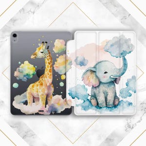 May include: Two tablet cases with watercolor animal designs. One case features a giraffe on a cloud with a rainbow background. The other case features an elephant on a cloud with a blue background.