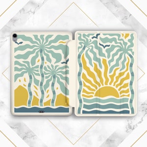 May include: A white tablet case with a tropical design. One side features a sunset with a yellow sun and blue waves. The other side features three palm trees with green leaves and yellow sand.
