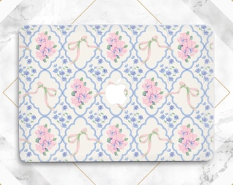 Macbook case cottagecore Elegant pink flowers Bows Macbook hard cover Wild blue flowers Cute botanical Air 13 Air 15 M5 Pro 14 Pro 16 2026