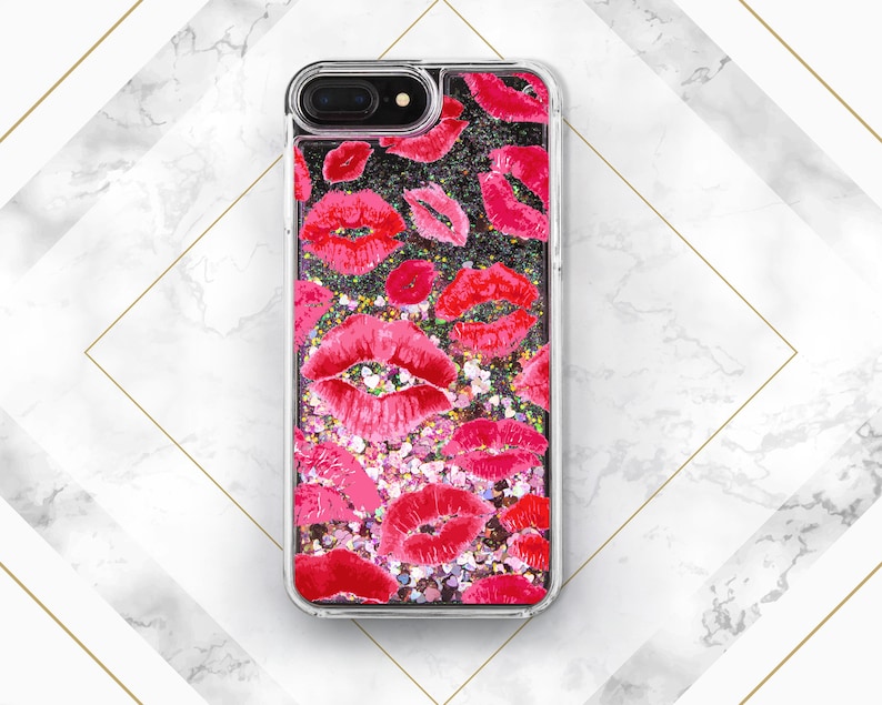 May include: Clear phone case with a glittery black background and red lips print.