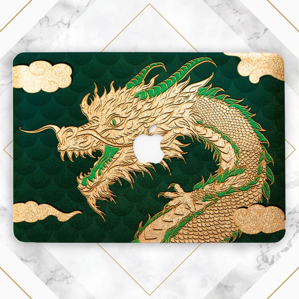 Deep green case Macbook case glitter Macbook case dragon Macbook case clouds Chinese dragon print Macbook hard case Silver glitter case Gold