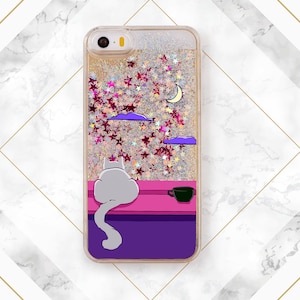 Phone case glitter Gray cat print iPhone case coffee Glitter Waterfall  Liquid Bling Floating Case for Samsung Glitter Phone Case s20 case