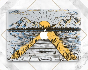 Étui Macbook imprimé montagnes soleil Étui rigide Macbook Art nature simple Étui Macbook été Étui transparent Macbook imprimé eau jaune noir