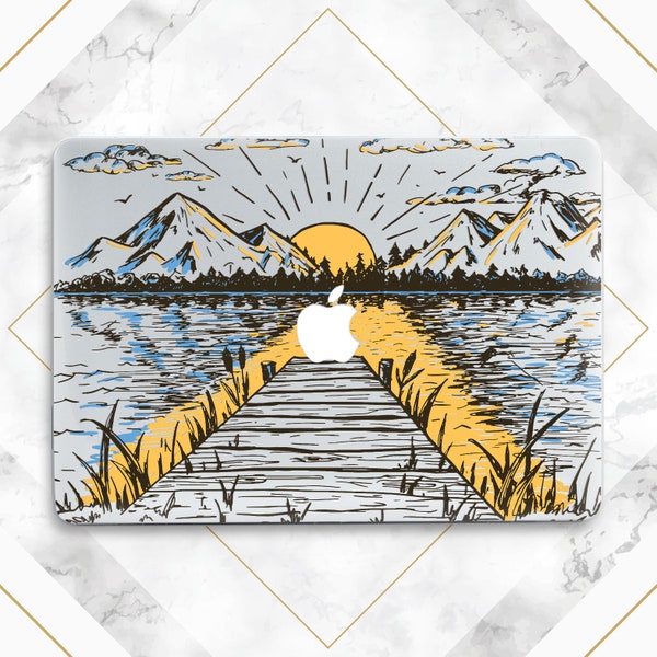 Mountains print Macbook case sun Macbook hard case Simple nature art Macbook case summer Water print case Macbook clear case Yellow Black